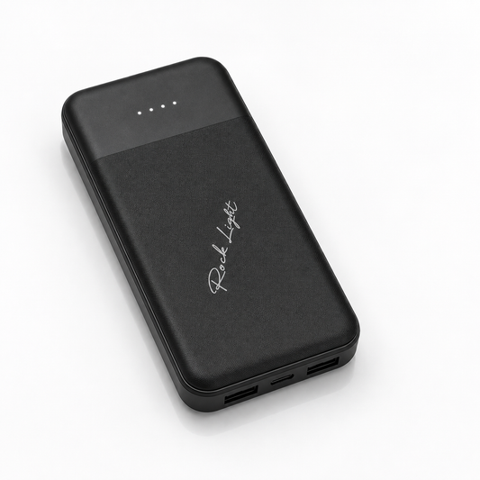 Black 10000mAh portable power bank with textured finish, four LED battery indicators, dual USB output ports and USB Type-C input, displayed