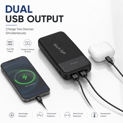 10000mAh dual USB power bank simultaneously charging a smartphone and wireless earbuds, featuring dual USB output, USB Type-C input, LED battery indicator and multiple safety protection features.