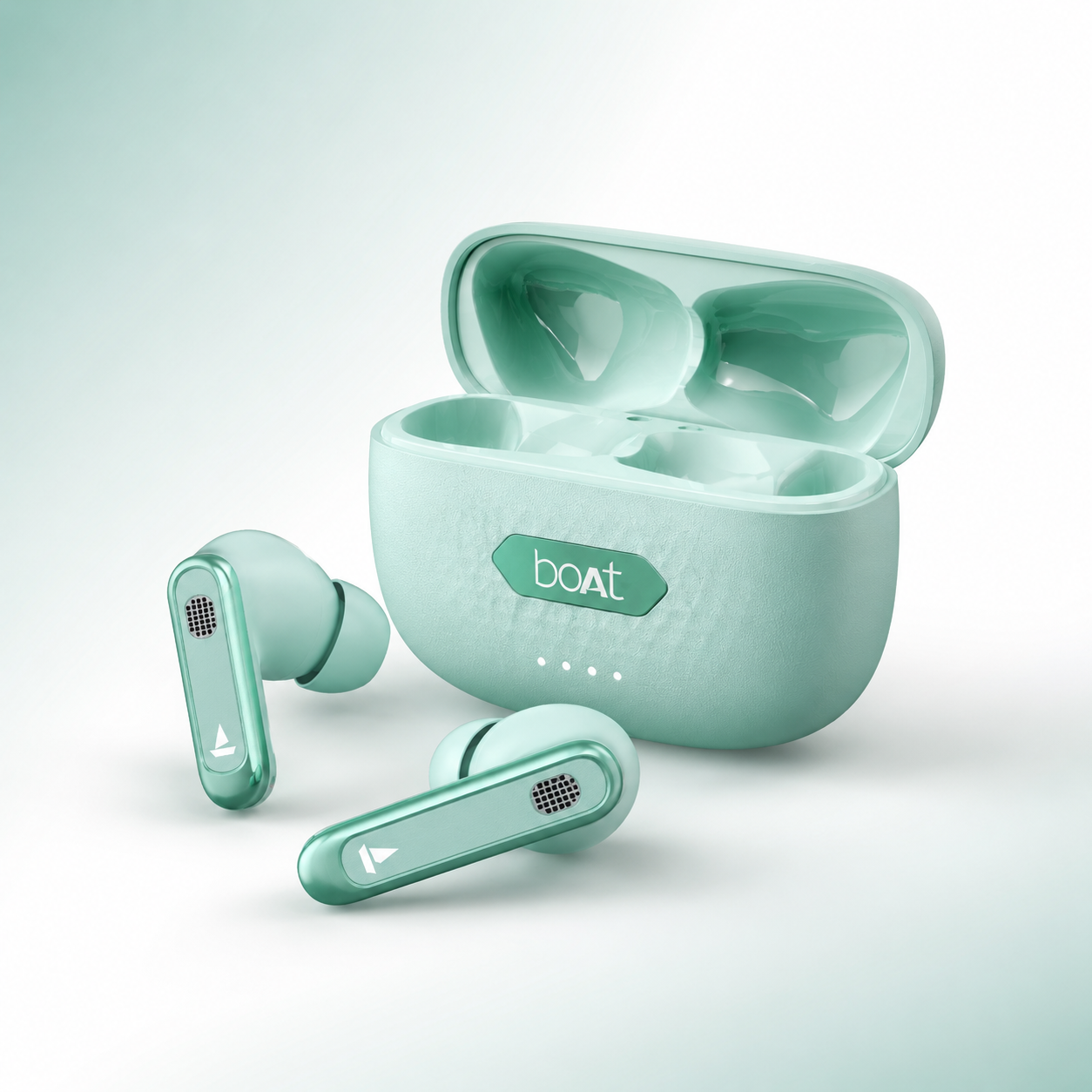 Mint green wireless earbuds charging case with textured surface, LED battery indicators, and compact portable design.