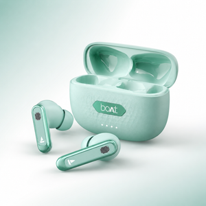 Mint green wireless earbuds charging case with textured surface, LED battery indicators, and compact portable design.