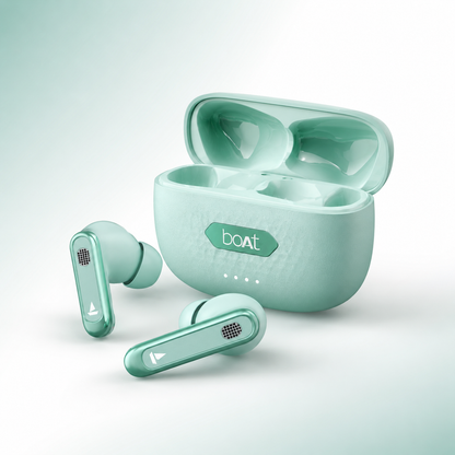 Mint green wireless earbuds charging case with textured surface, LED battery indicators, and compact portable design.