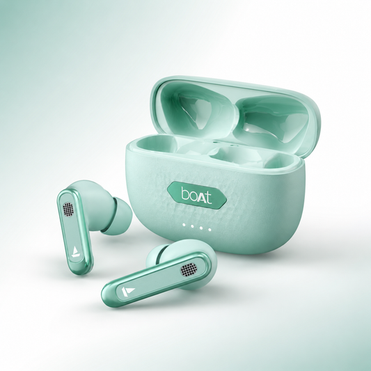 Mint green wireless earbuds charging case with textured surface, LED battery indicators, and compact portable design.