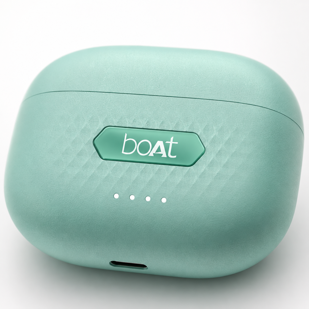 Close-up view of USB-C fast charging port on a mint green wireless earbuds charging case with textured premium finish.