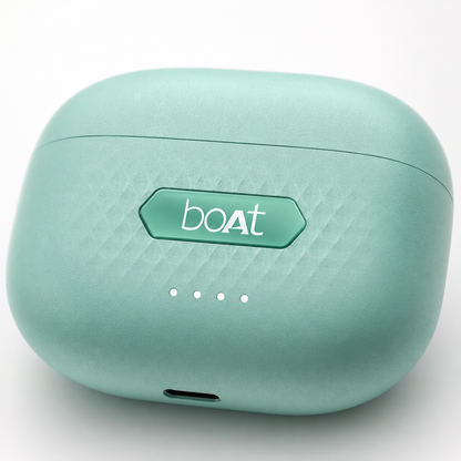 Close-up view of USB-C fast charging port on a mint green wireless earbuds charging case with textured premium finish.
