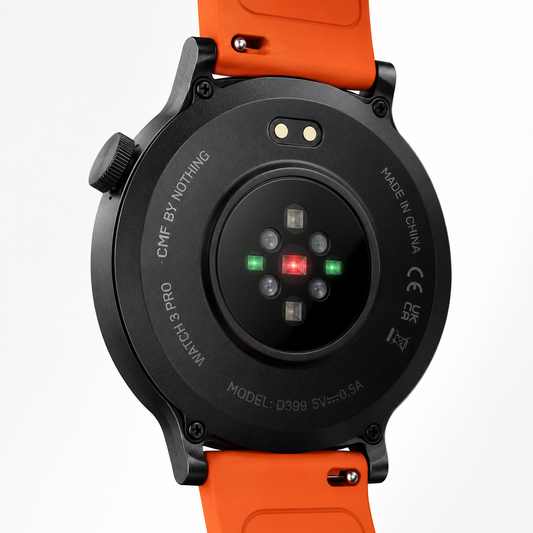 Rear view of CMF Watch 3 Pro showing health sensors and charging contacts.