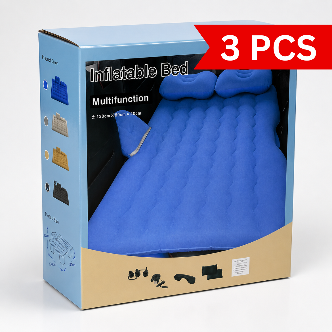 Retail packaging box of a multifunction inflatable car bed mattress with built-in pillows and multiple color options.