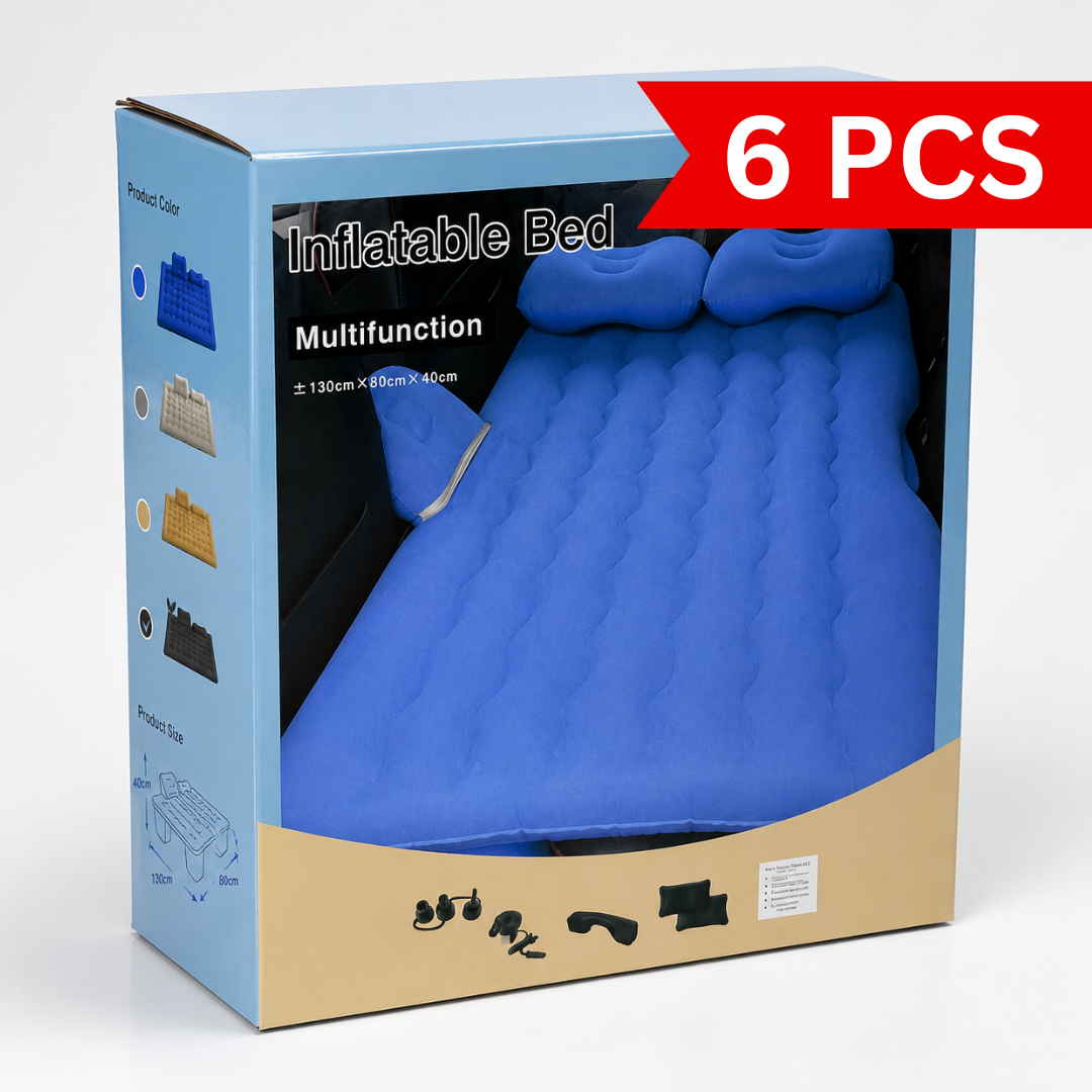 Retail packaging box of a multifunction inflatable car bed mattress with built-in pillows and multiple color options.
