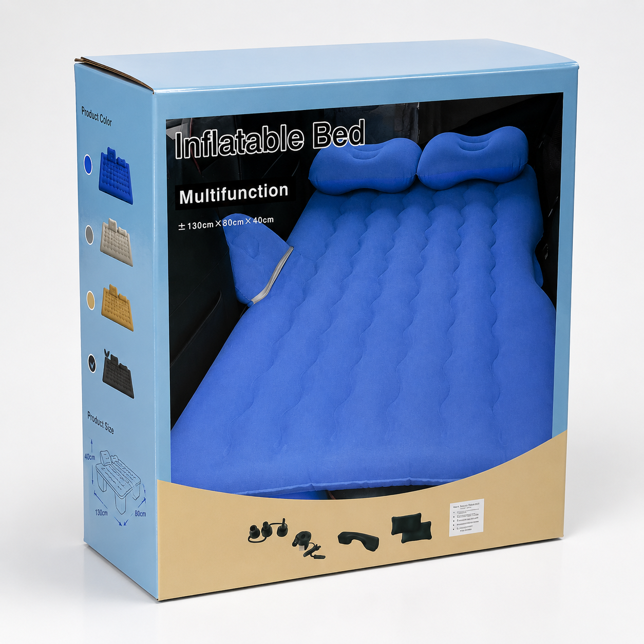Retail packaging box of a multifunction inflatable car bed mattress with built-in pillows and multiple color options.