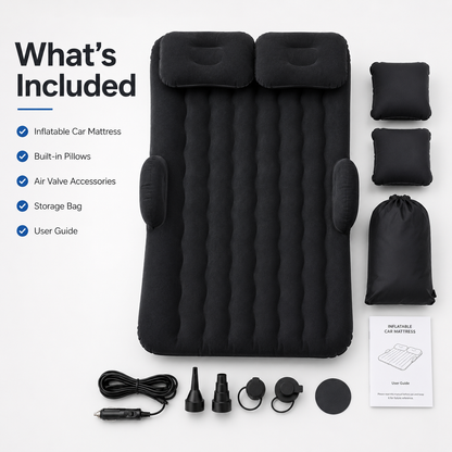 Inflatable car mattress package contents including mattress, built-in pillows, air valve accessories, storage bag, user guide, and car power inflator.