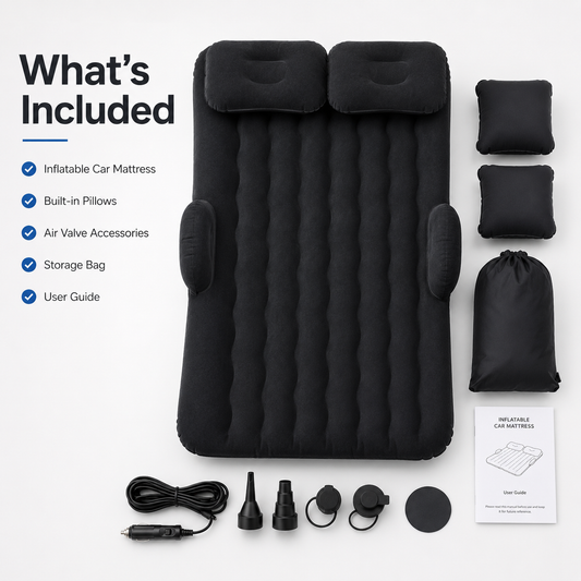 Inflatable car mattress package contents including mattress, built-in pillows, air valve accessories, storage bag, user guide, and car power inflator.