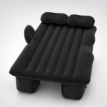 Black inflatable car mattress with built-in pillows and side supports, designed for comfortable back seat travel and camping use.