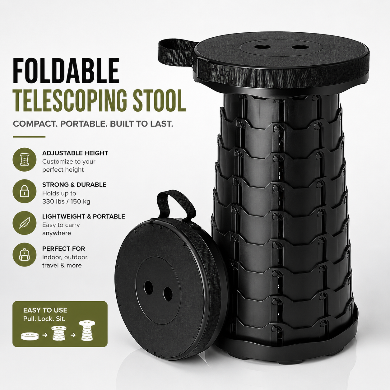Close-up heavy duty telescoping stool showing durable locking system and sturdy build