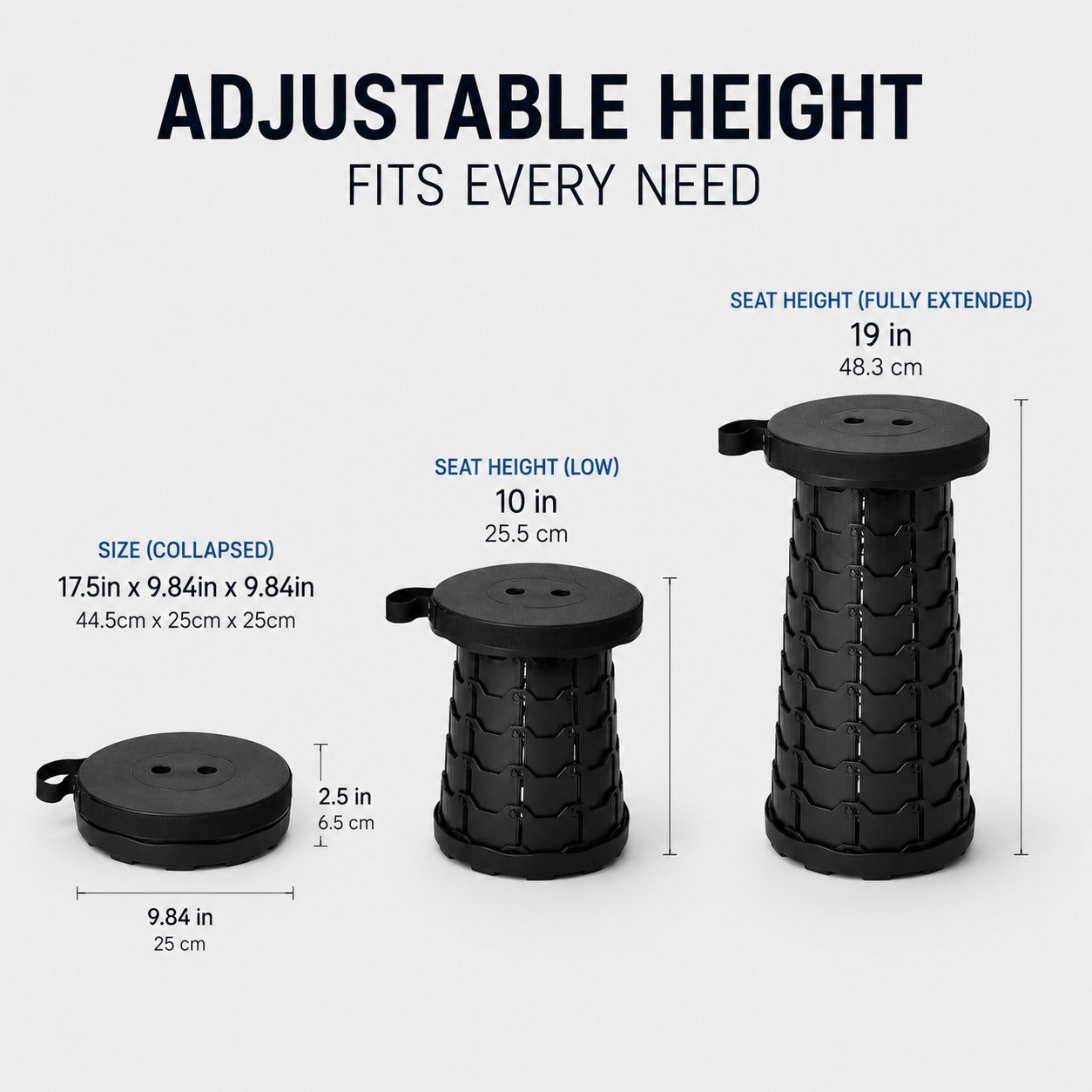 Adjustable height foldable telescoping camping stool heavy duty portable seat design