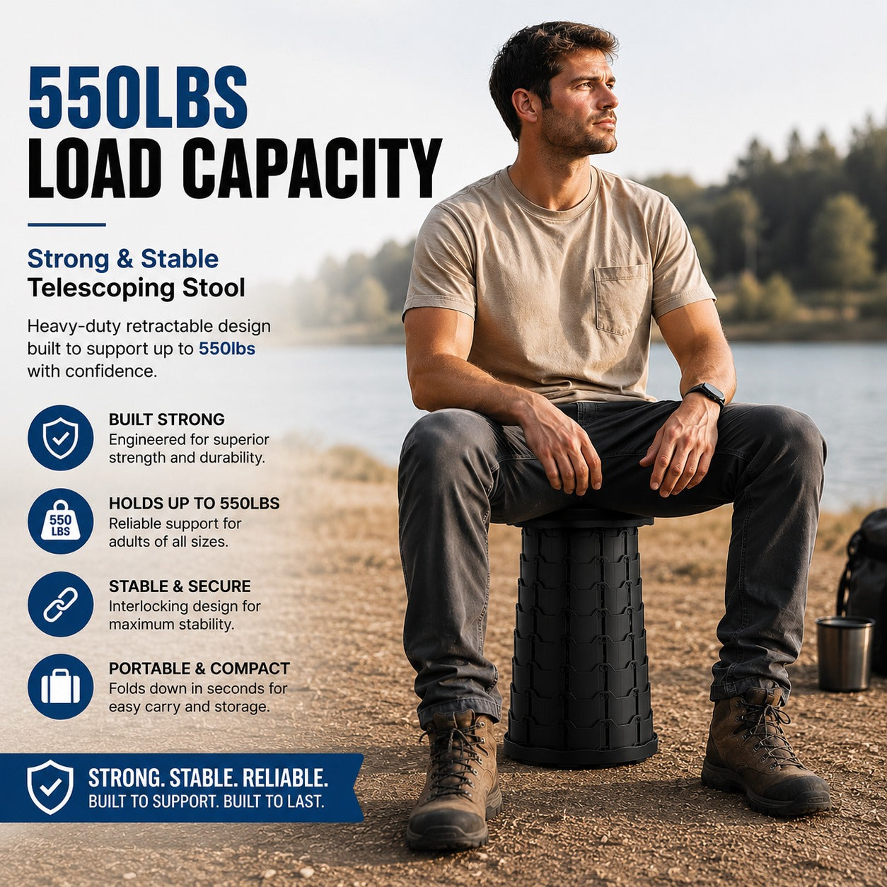 Portable foldable telescoping stool for camping fishing hiking and outdoor travel use