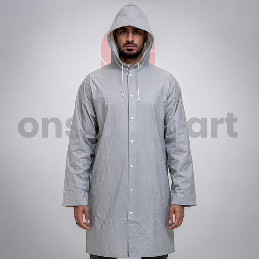 Full Coverage Rain Jacket with hood in light grey color, knee-length waterproof raincoat for outdoor weather protection