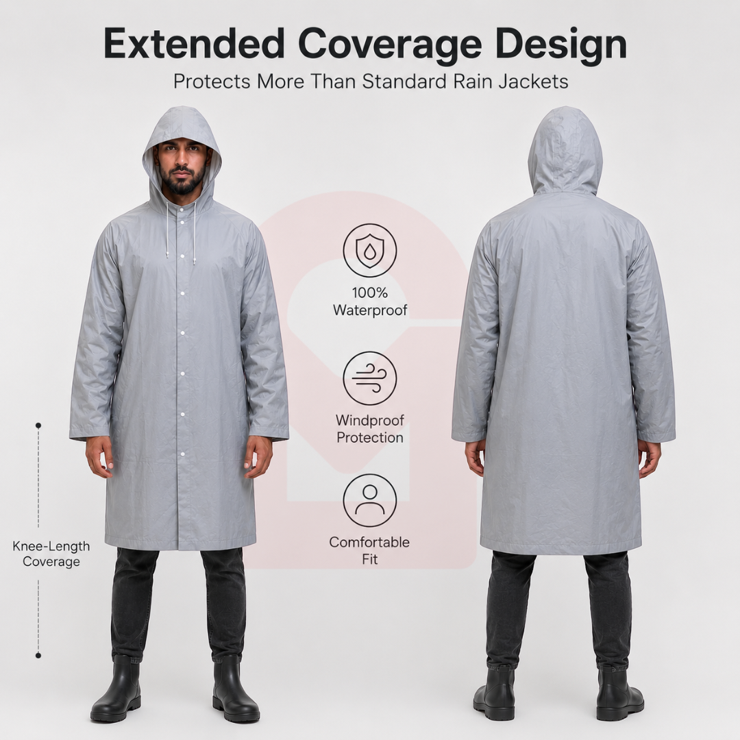 Full Coverage Rain Jacket front and back view showing knee-length waterproof design, hooded raincoat with extended protection and windproof coverage