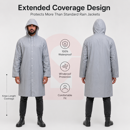Full Coverage Rain Jacket front and back view showing knee-length waterproof design, hooded raincoat with extended protection and windproof coverage