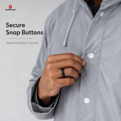Close-up of Full Coverage Rain Jacket secure snap button closure system with waterproof fabric and easy fastening design