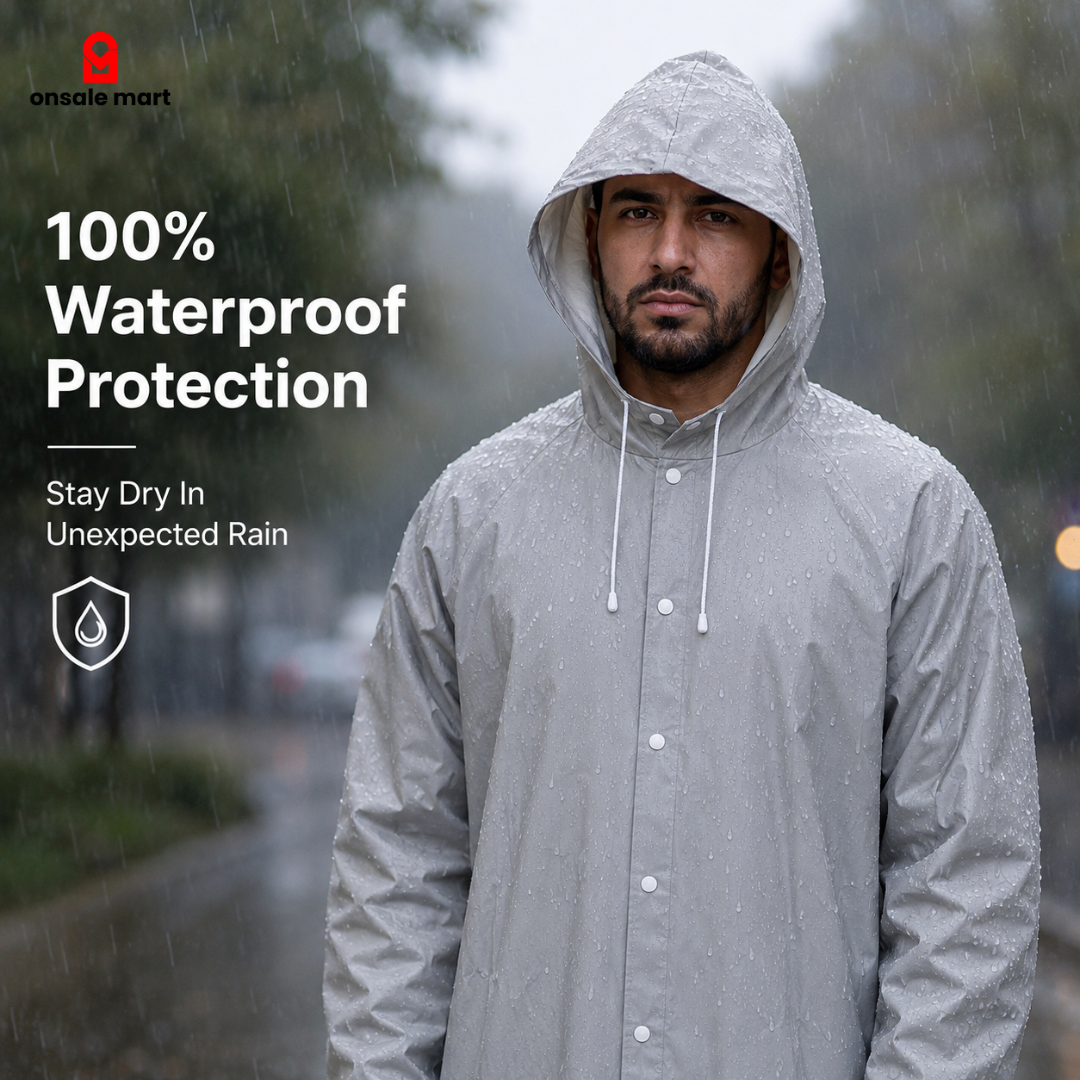 Model wearing Full Coverage Rain Jacket in heavy rain, showcasing 100% waterproof protection and weather-resistant outerwear
