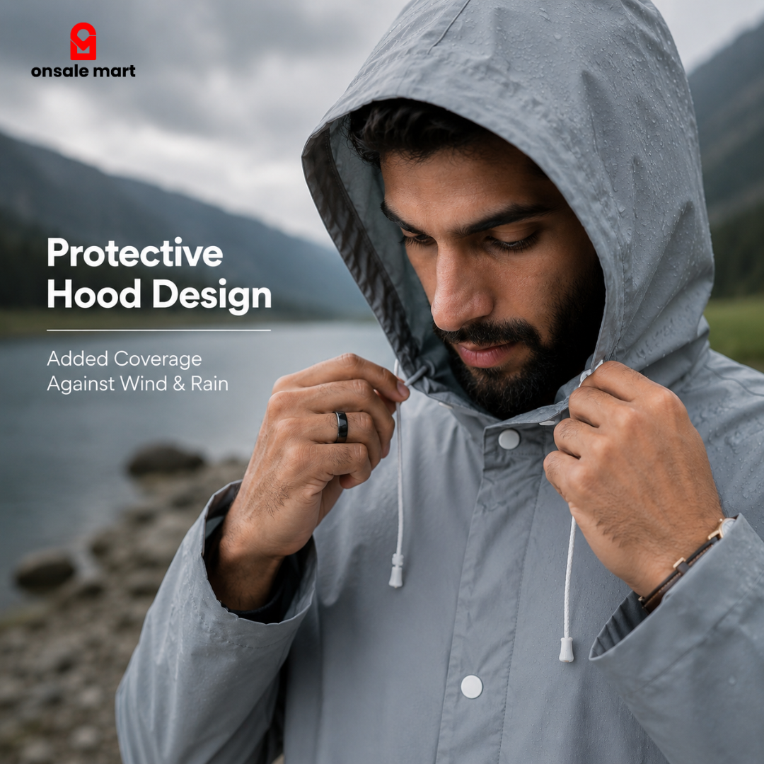 Man adjusting the hood of a Full Coverage Rain Jacket outdoors, demonstrating protective hood design for rain and wind protection