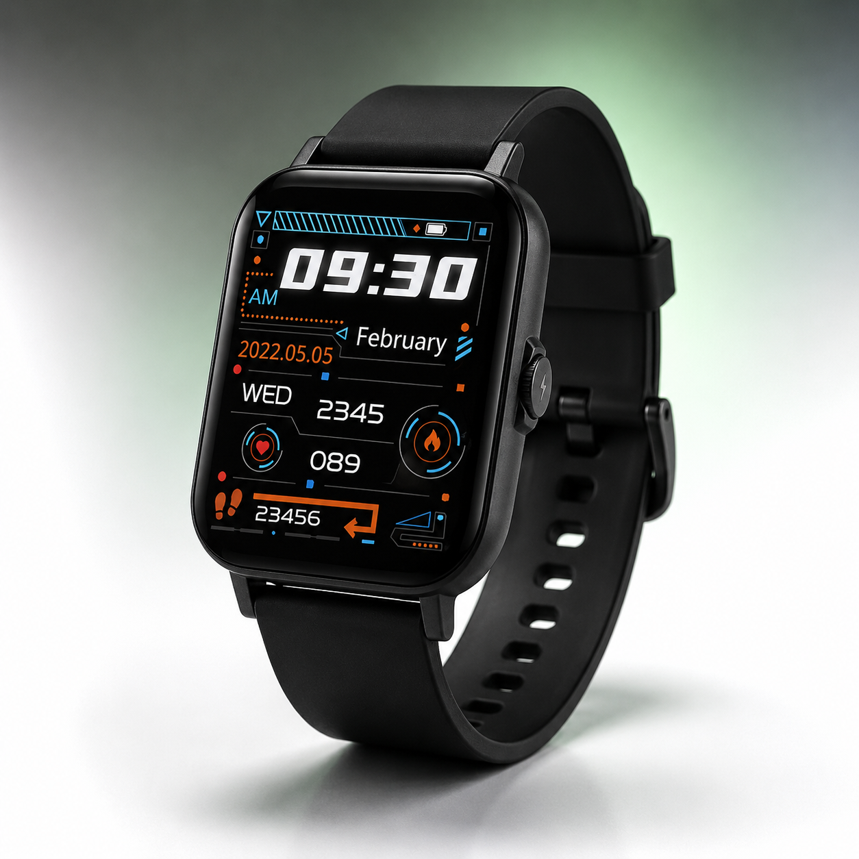 Lifestyle image of the smartwatch worn on the wrist displaying heart rate, blood pressure and blood oxygen monitoring with a vibrant health dashboard.