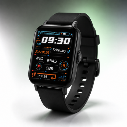 Lifestyle image of the smartwatch worn on the wrist displaying heart rate, blood pressure and blood oxygen monitoring with a vibrant health dashboard.