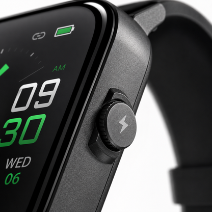Close-up of the smartwatch highlighting the precision rotating crown, side function button and premium metal frame.