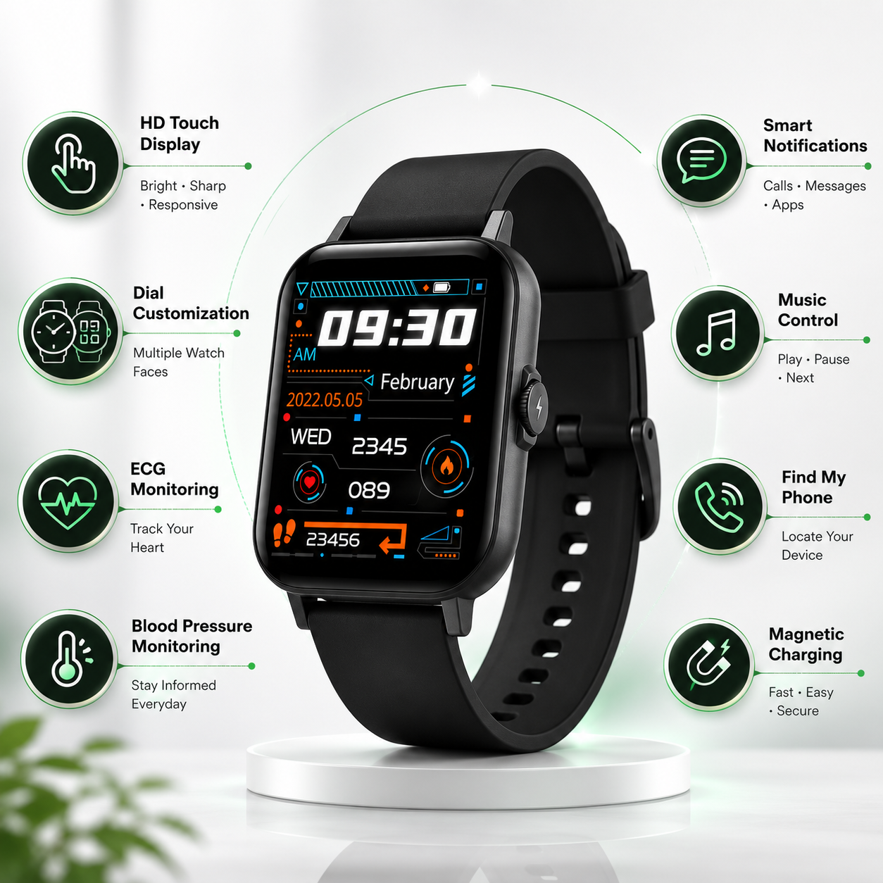 Modern smartwatch infographic showcasing HD touch display, ECG monitoring, blood pressure tracking, music control, notifications, Find My Phone and magnetic charging.