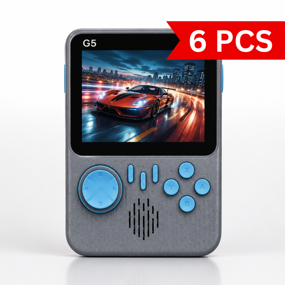 Grey G5 retro handheld game console with blue control buttons, color display showing a racing game, built-in speaker, and compact portable design