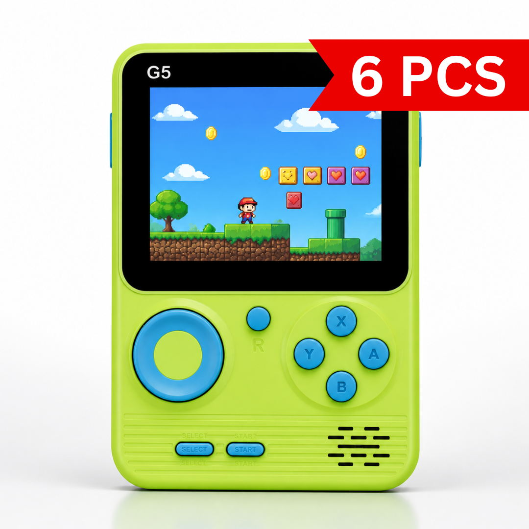 Bright green G5 handheld retro gaming console featuring blue buttons, vibrant color screen displaying a classic platform game, ergonomic controls, and lightweight portable design