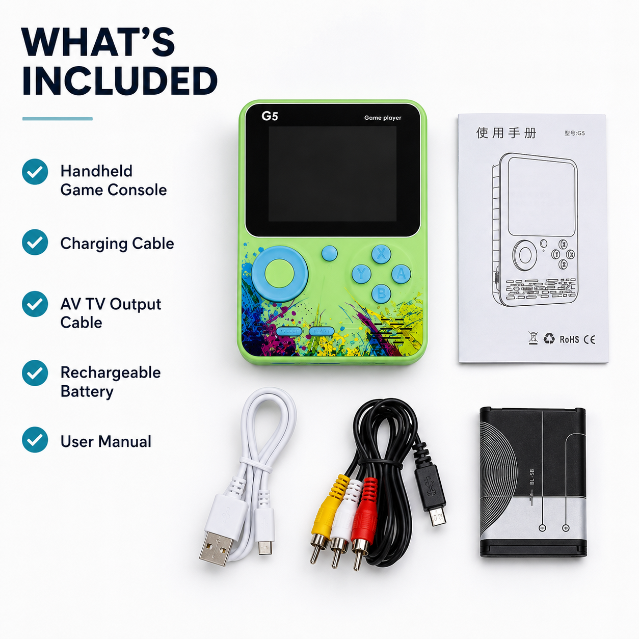 Retro handheld game console package contents including console, charging cable, AV cable, rechargeable battery, and user manual.