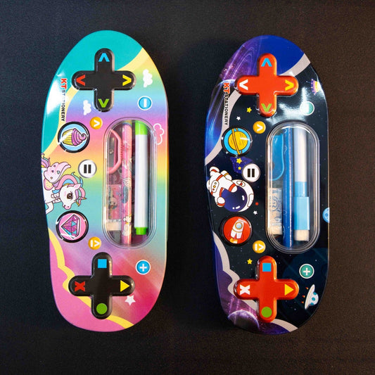 Multicolour kids pencil box with gamepad design and organised stationery storage for daily school use