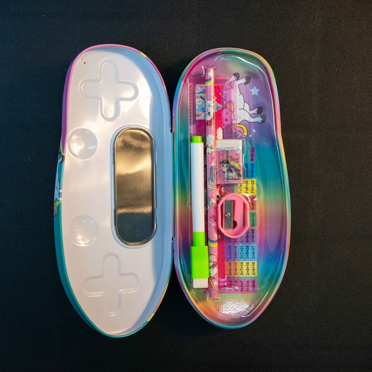 Gamepad Shape Pencil Box with School Stationery open view showing pencil, eraser, sharpener and ruler for kids school use