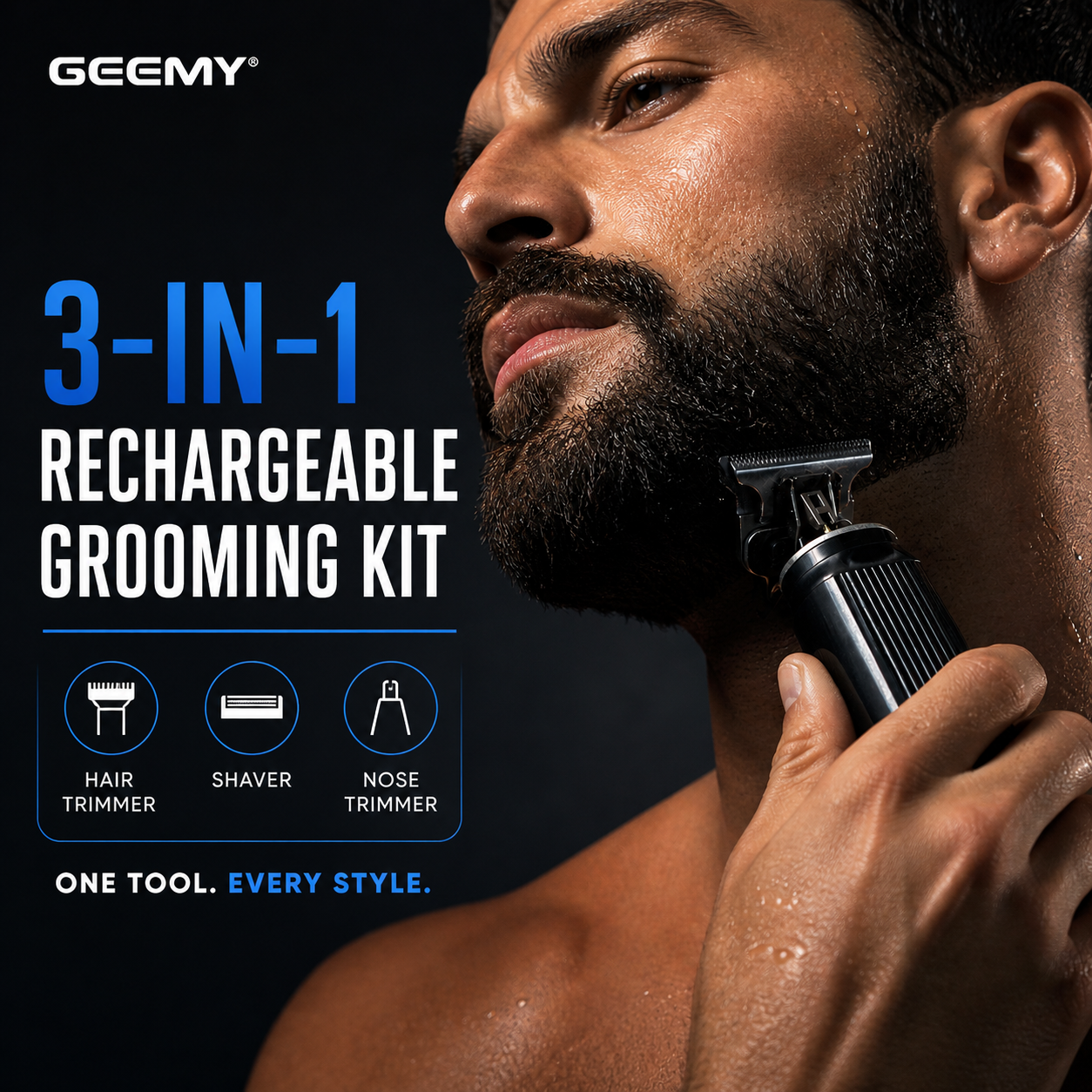Geemy grooming kit hair trimmer in use for beard trimming close up rechargeable shaver trimmer