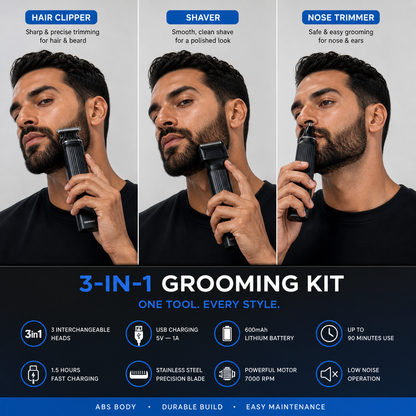 3 in 1 grooming kit hair clipper shaver nose trimmer interchangeable heads Geemy trimmer set