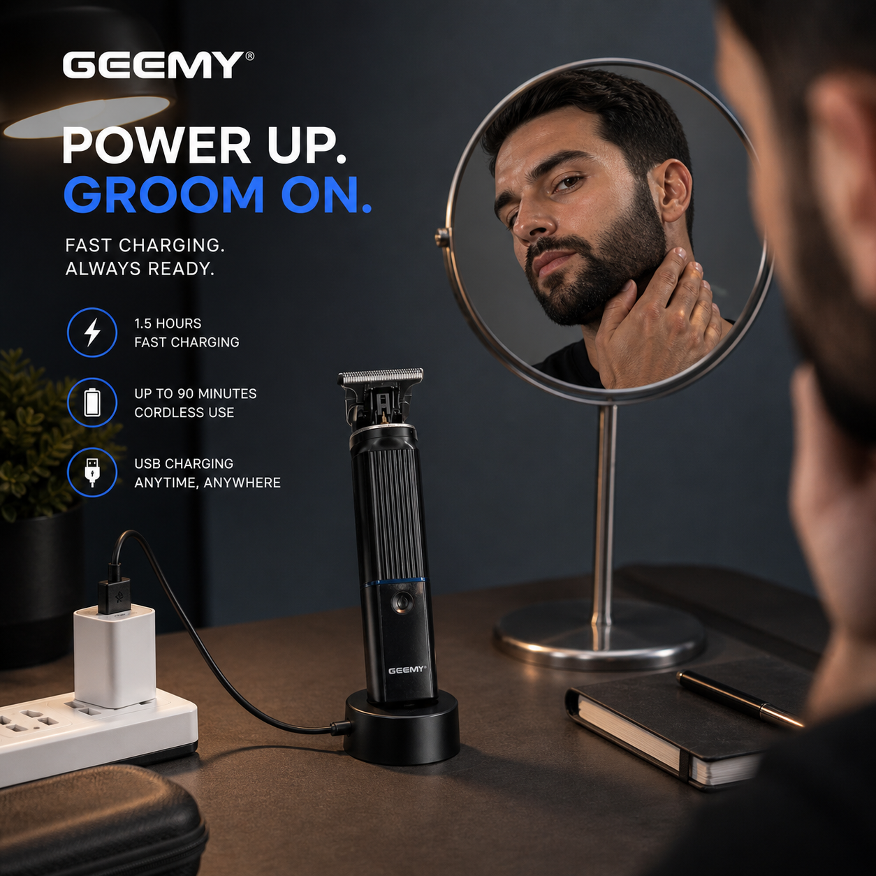 Geemy 3 in 1 grooming kit USB charging hair trimmer shaver nose trimmer cordless use setup