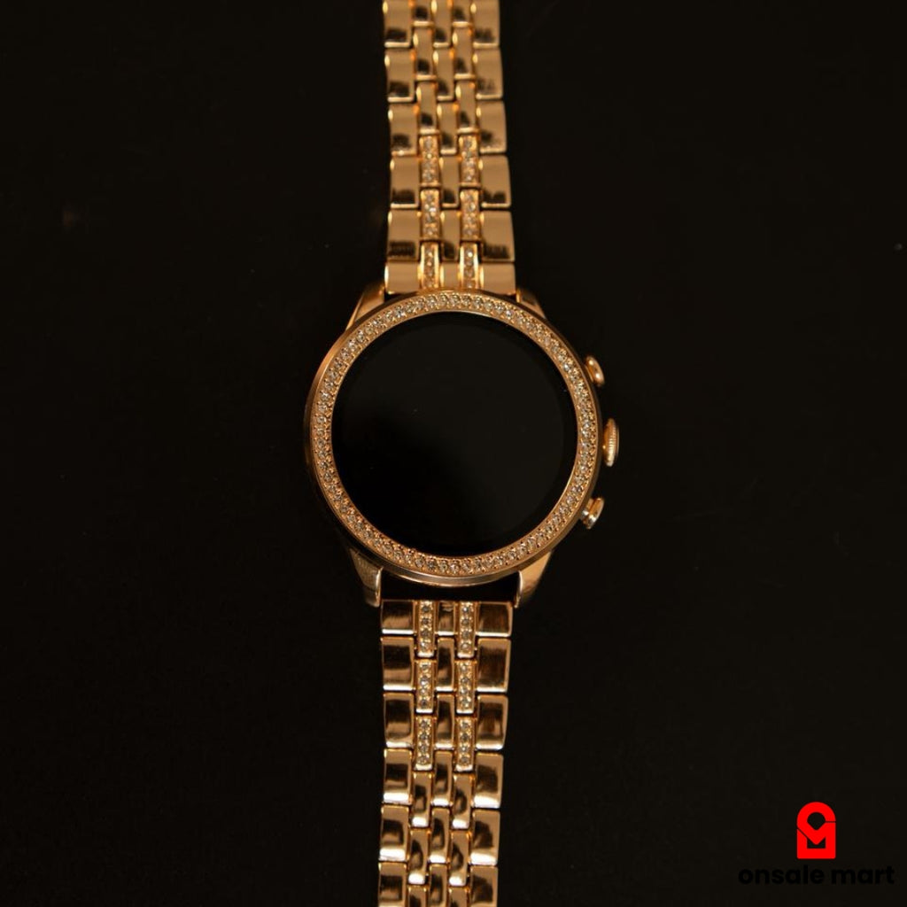 Gen 9 Smart Watch with golden metal strap and digital display for women.