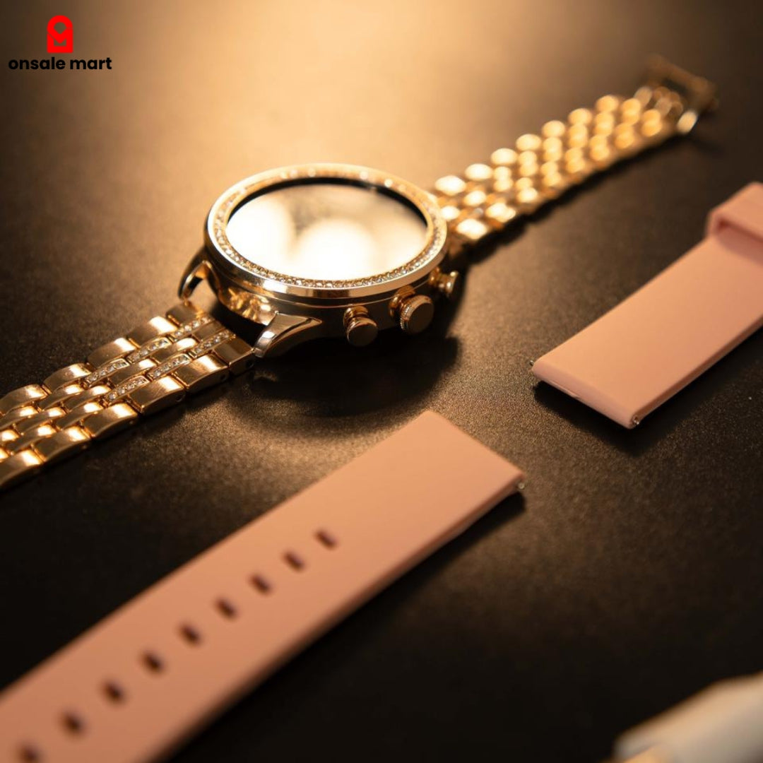Gen 9 Smart Watch showing dual straps in gold and pink for interchangeable style.