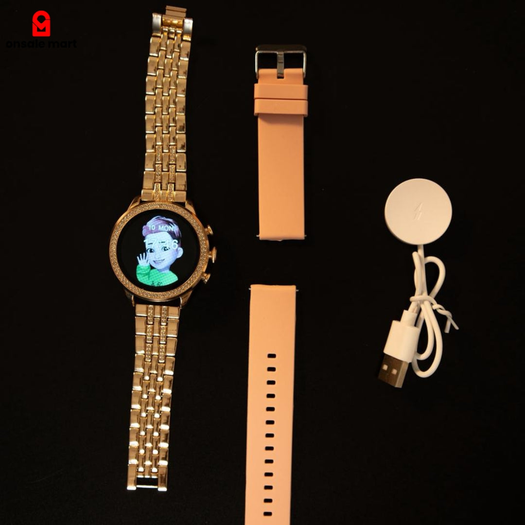 Gen 9 Smart Watch complete box set with watch, two straps (gold and pink) and magnetic charging cable.