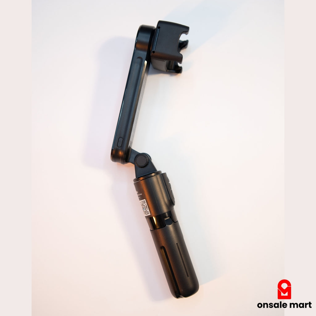 Compact foldable gimbal selfie stick tripod showing adjustable arm and lightweight portable design