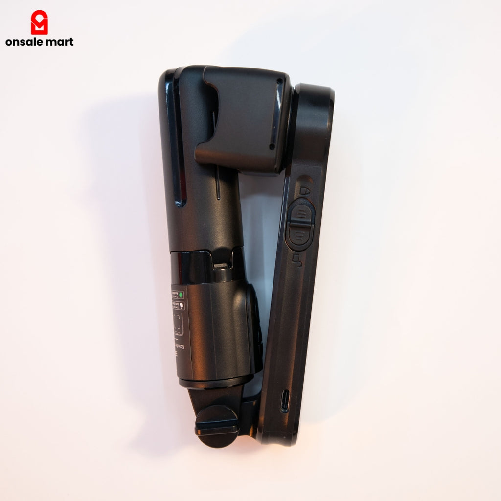 Folded gimbal stabilizer selfie stick tripod with wireless remote and compact travel-friendly body