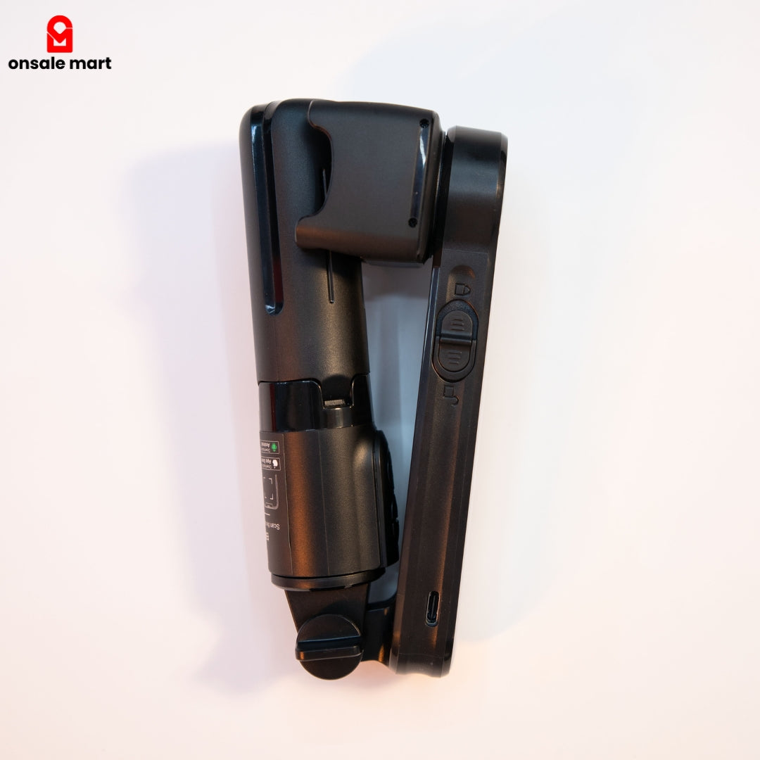 Folded gimbal stabilizer selfie stick tripod with wireless remote and compact travel-friendly body