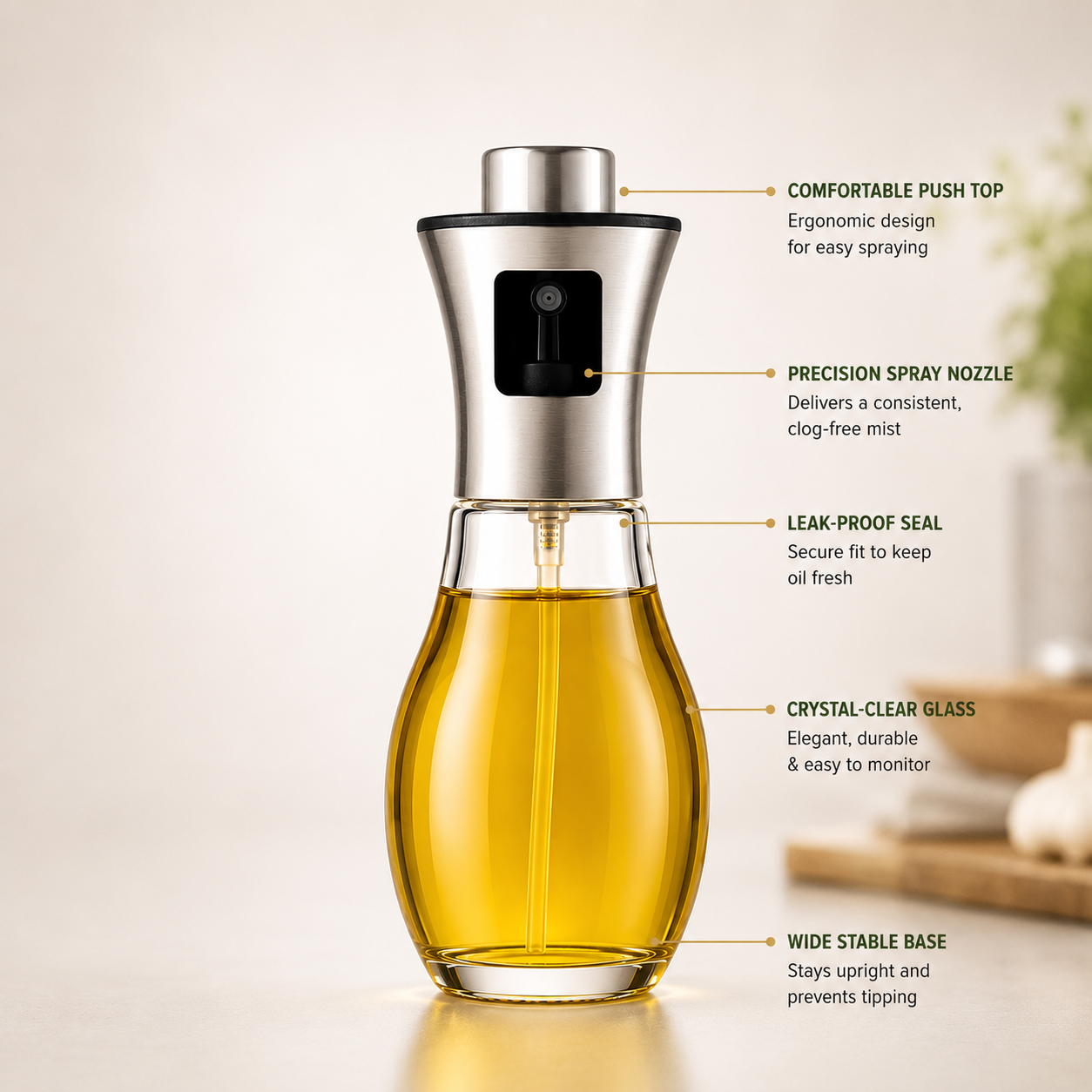 Glass Cooking Oil Mister Bottle filled with olive oil, featuring precision spray nozzle, leak-proof seal, ergonomic push top, crystal-clear glass container, and stable base.