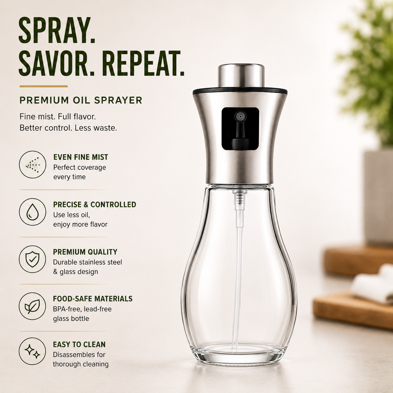 Glass Cooking Oil Mister Bottle with fine mist spray, stainless steel top, clear glass body, food-safe oil sprayer dispenser with premium kitchen design and feature highlights.