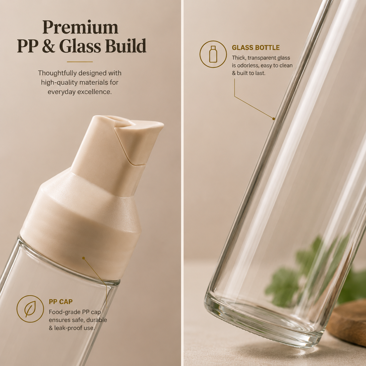 Premium PP & Glass Build Modern Glass Oil Dispenser Bottle for Kitchen Use