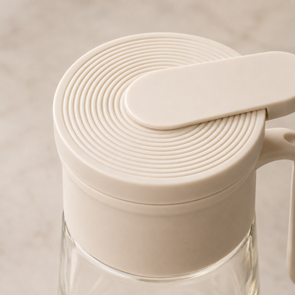 Close-up of Glass Oil Dispenser Bottle with Handle showing textured flip-top lid design, durable construction, and premium kitchenware detailing.