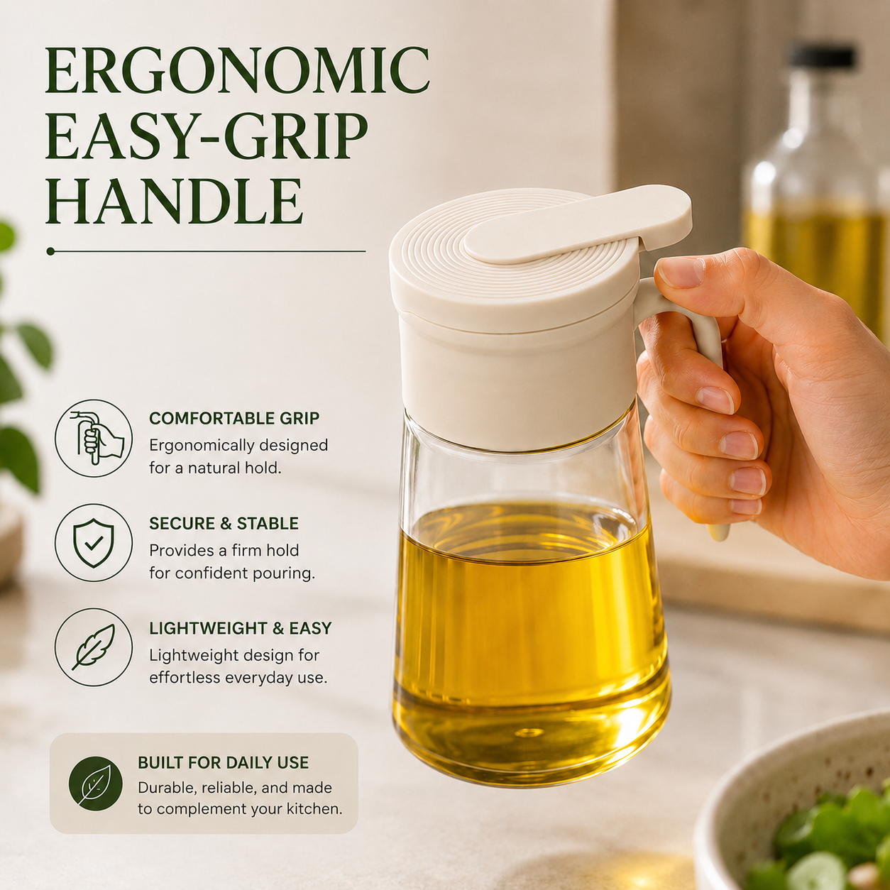 Glass Oil Dispenser Bottle with Handle featuring an ergonomic easy-grip handle, leak-resistant lid, and premium glass body filled with olive oil in a modern kitchen setting.