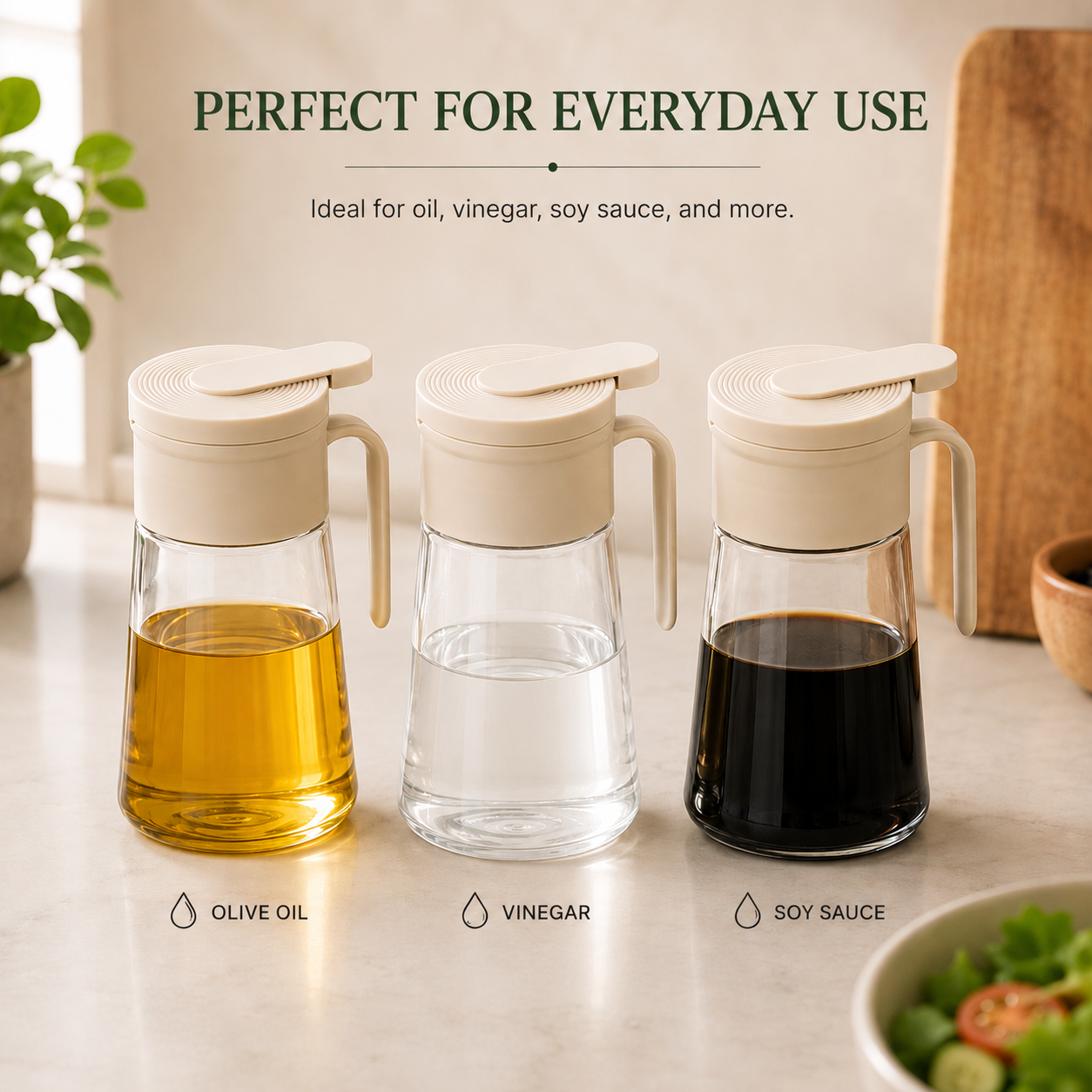 Glass Oil Dispenser Bottle with Handle used for olive oil, vinegar, and soy sauce storage, showcasing versatile kitchen condiment dispensing bottles.