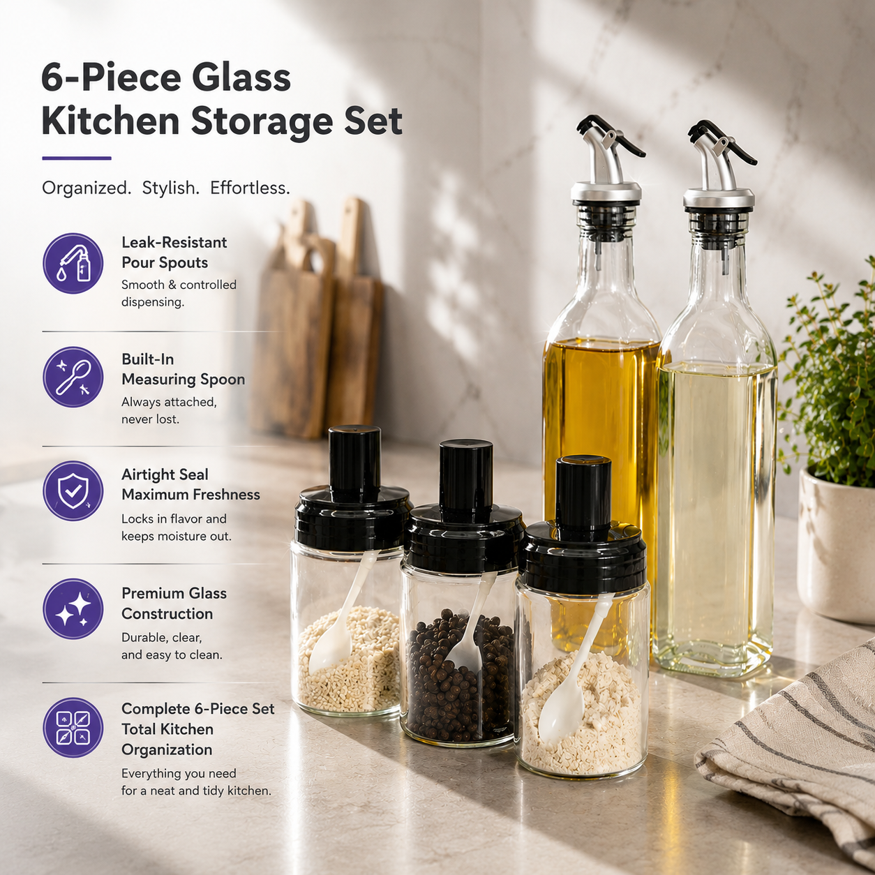Premium Glass Oil Dispenser & Spice Container Set with leak-resistant pour spouts, airtight seasoning jars and integrated measuring spoons in a modern kitchen