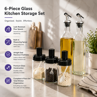 Premium Glass Oil Dispenser & Spice Container Set with leak-resistant pour spouts, airtight seasoning jars and integrated measuring spoons in a modern kitchen